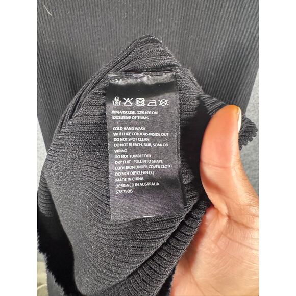 Bardot Dress Women Medium Black Long Sleeve Midi Ribbed Knit Bodycon Stretch‎ - Picture 3 of 8